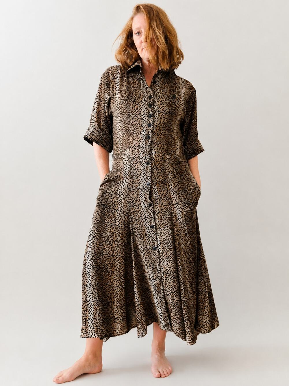 Vintage 90s Leopard/Animal print Dress A line SZ 6/M Midi Pockets Classi Neutral